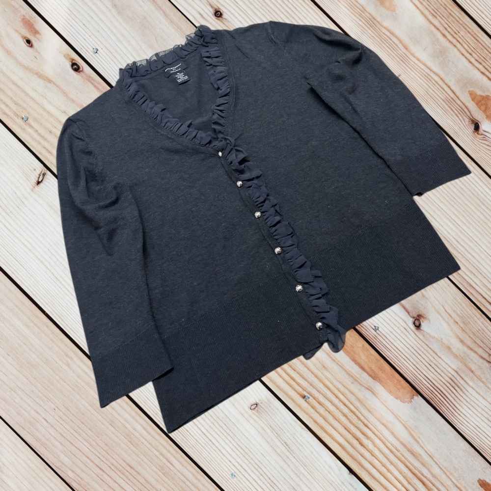 Philosophy by Republic XL charcoal 33% silk ruffle trim cardigan
